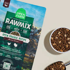 Open Farm chicken and turkey meat close-up emphasizes humane sourcing and protein