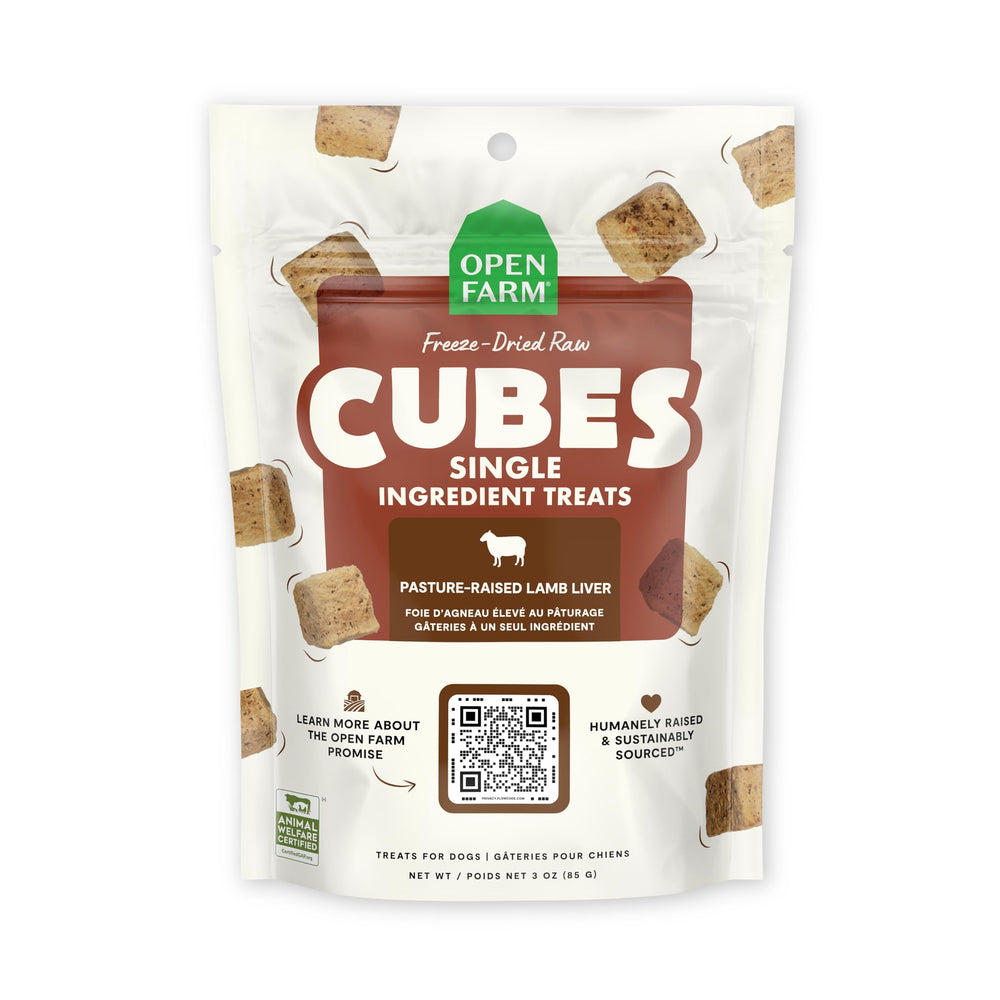 Open Farm Cubes Freeze-Dried Lamb Liver dog treats β crunchy protein-rich reward for training.