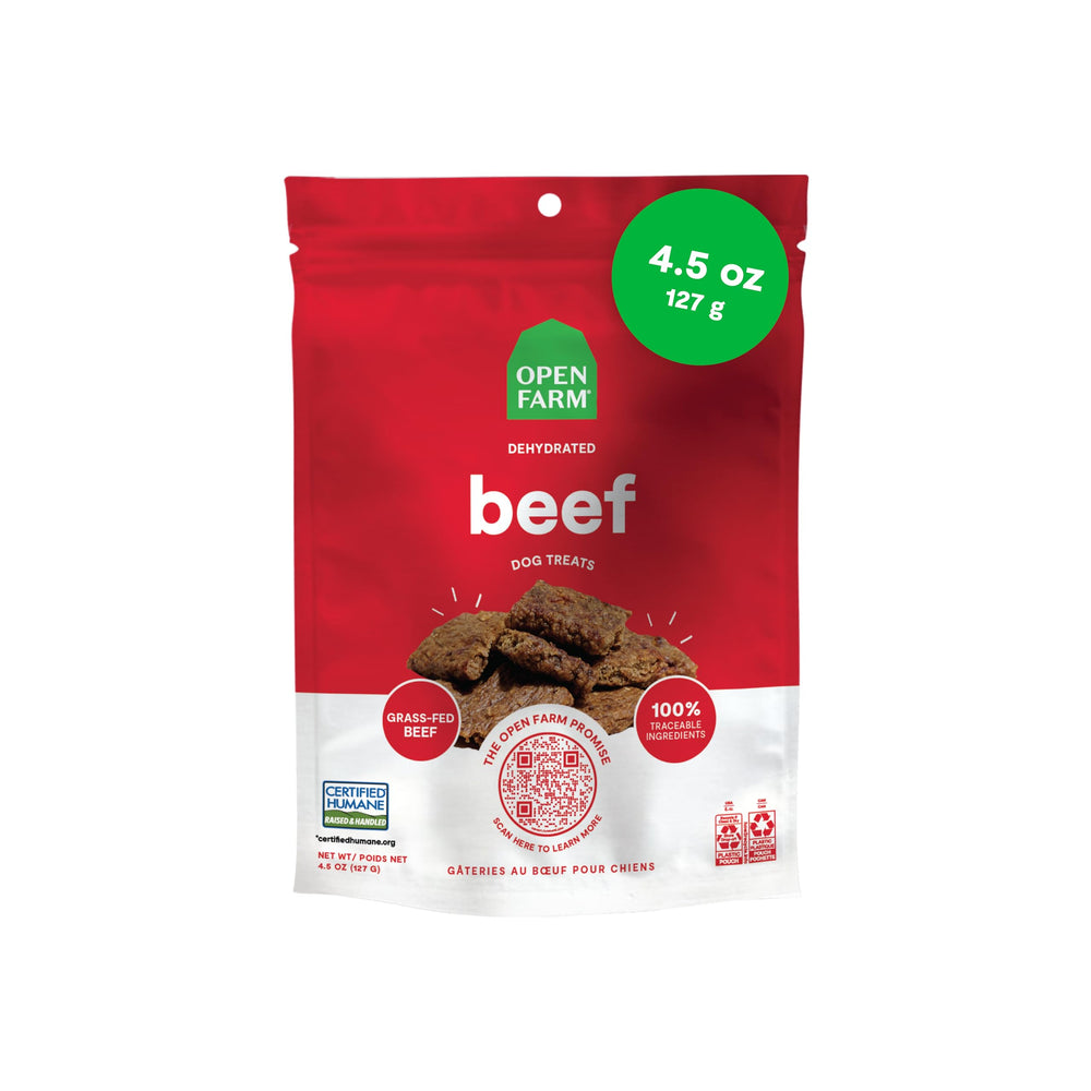 Open Farm Dehydrated Dog Treats 4-5oz pouch for convenient on-the-go rewards.