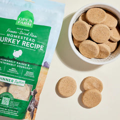 Open Farm freeze-dried turkey dog food mixer image shows versatile serving option.