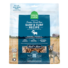 Open Farm freeze-dried dog food morsels featuring 95% meat for protein-rich meals.