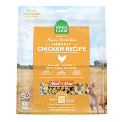 Open Farm freeze-dried chicken morsels in bag for ready-to-serve meals.