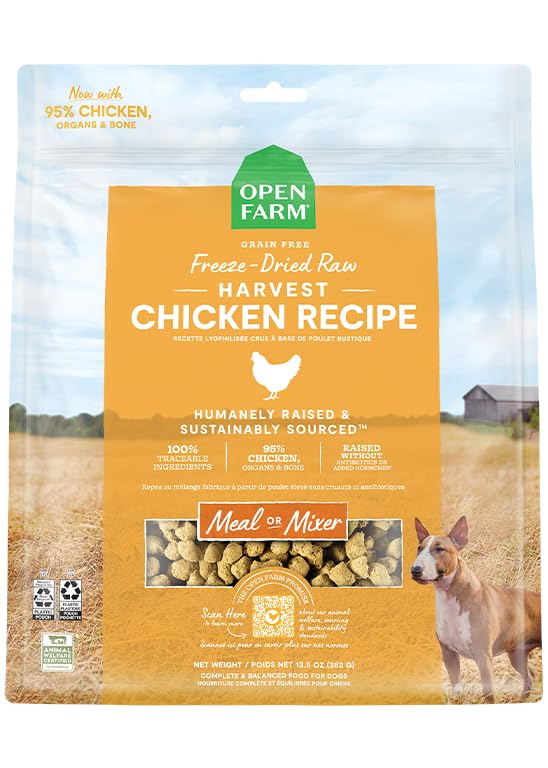 Open Farm freeze-dried morsels front bag showing rich meat for tasty meals