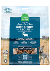 Open Farm Surf & Turf morsels packshot with high-protein bites for all breeds.