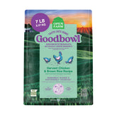 Open Farm Goodbowl chicken and brown rice kibble in bowl, protein-forward.