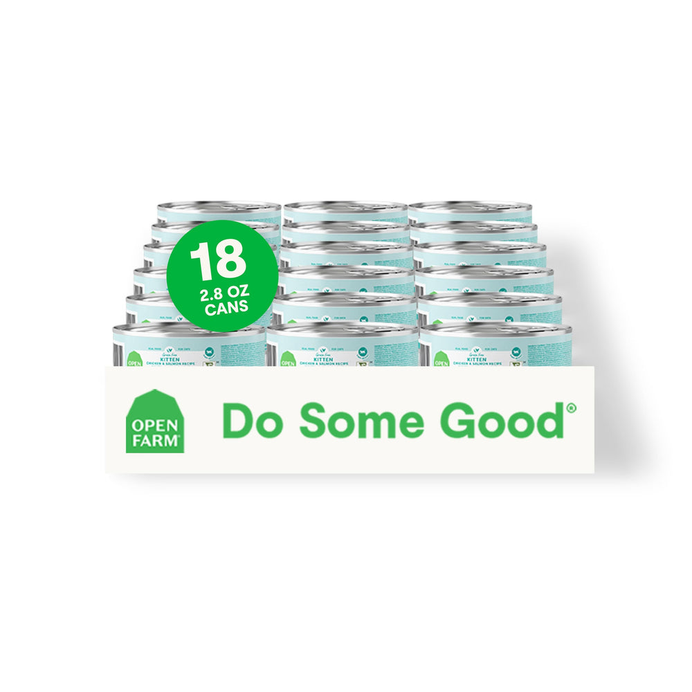 Open Farm kitten pate cans arranged showing complete nutrition from humane-sourced proteins.