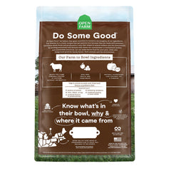 Open Farm lamb kibble close-up highlighting grain-free recipe.