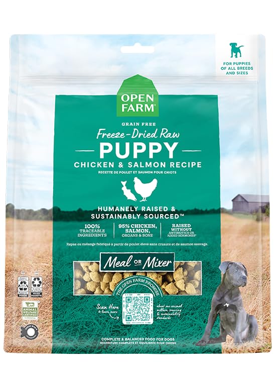 Open Farm puppy morsels 95% meat: high-protein bites for growing puppies.