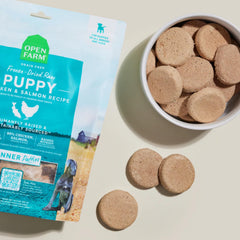 Open Farm puppy patties serving bowl showing complete meal option for puppies
