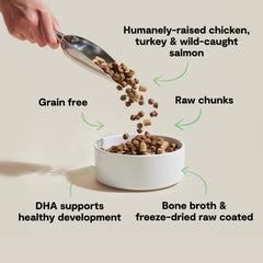 Open Farm RawMix with freeze dried raw chunks adds protein density and crunchy texture