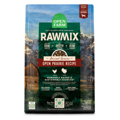 Open Farm RawMix dry dog food bowl close-up showing bone broth coating for palatability