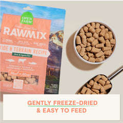 Open Farm RawMix freeze-dried morsels serving bowl shows practical meal booster for kibble