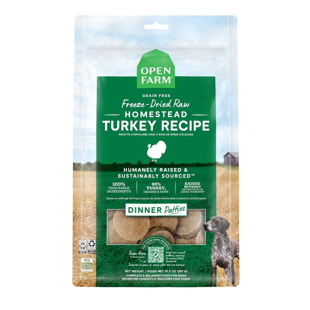 Open Farm turkey patties freeze-dried raw dog food emphasizes high-protein meal.