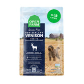 Open Farm venison recipe dry dog food bag front shows grain-free formula for dogs' digestion.