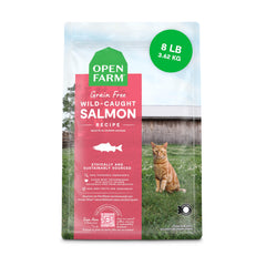 Open Farm wild salmon recipe bowl shows high-protein grain-free cat nutrition