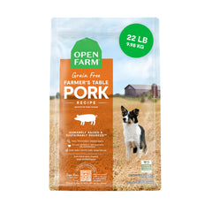 Open Farm Pork Recipe grain-free kibble in a bowl for easy daily feeding.