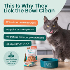 Optimeal Grain-Free Wet Cat Food 3oz Pouch closeup with natural European ingredients.