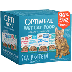 Optimeal sea protein variety pack in a bowl, rich flavor and complete nutrition for adult cats