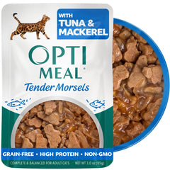 Optimeal Surf & Turf variety pack pouch for balanced cat meals