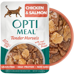 Optimeal wet cat food variety pack—chicken and salmon pouches for flavor variety and nutrition.