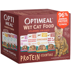 Optimeal wet cat food variety pack with savory protein flavors to entice meals.