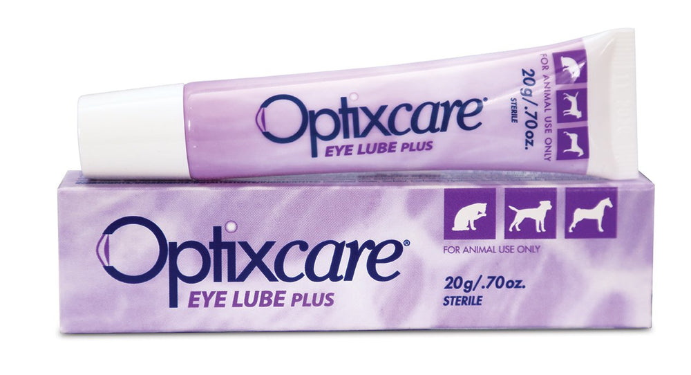 OptixCare Eye Lube Plus 20g bottle ready for use, showing packaging and product focus