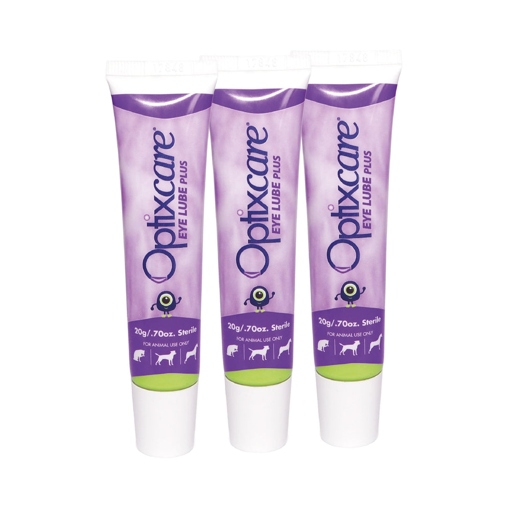 OptixCare Eye Lube Plus Hyaluron 20g tube with dropper tip for pets, easy application