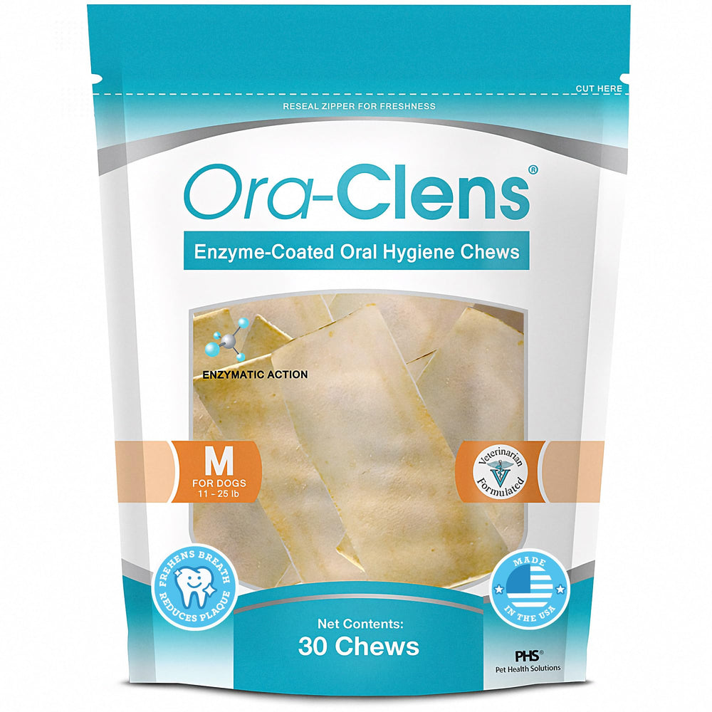 Ora-Clens packaging shows enzymatic chews for daily dog dental care.