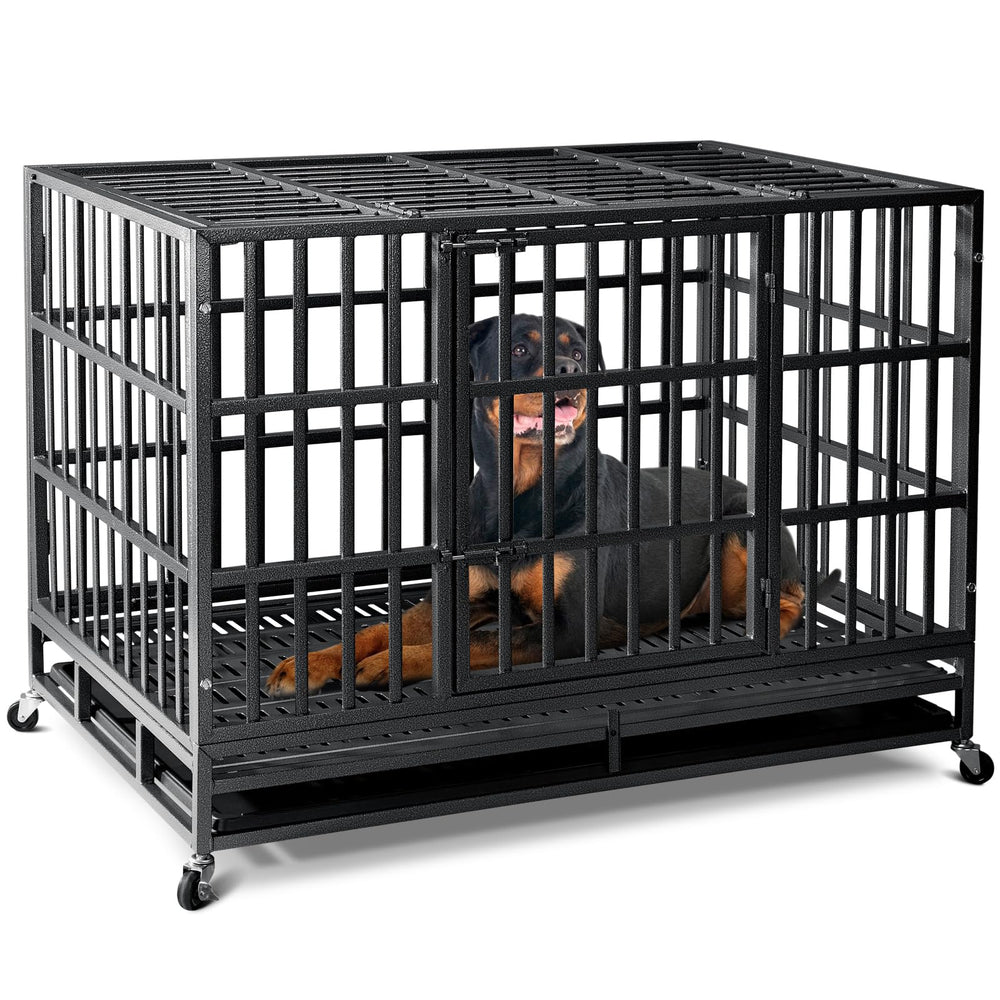 Oranland 48-inch crate front view highlights reinforced steel panels for large dogs