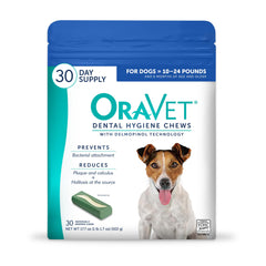OraVet dental chews for small dogs in a blue pouch improve daily oral care.