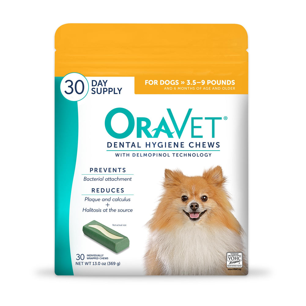 OraVet dental chews in yellow pouch packaging for extra-small dogs.