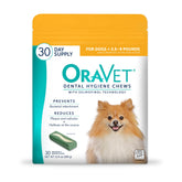 OraVet dental chews in yellow pouch packaging for extra-small dogs.