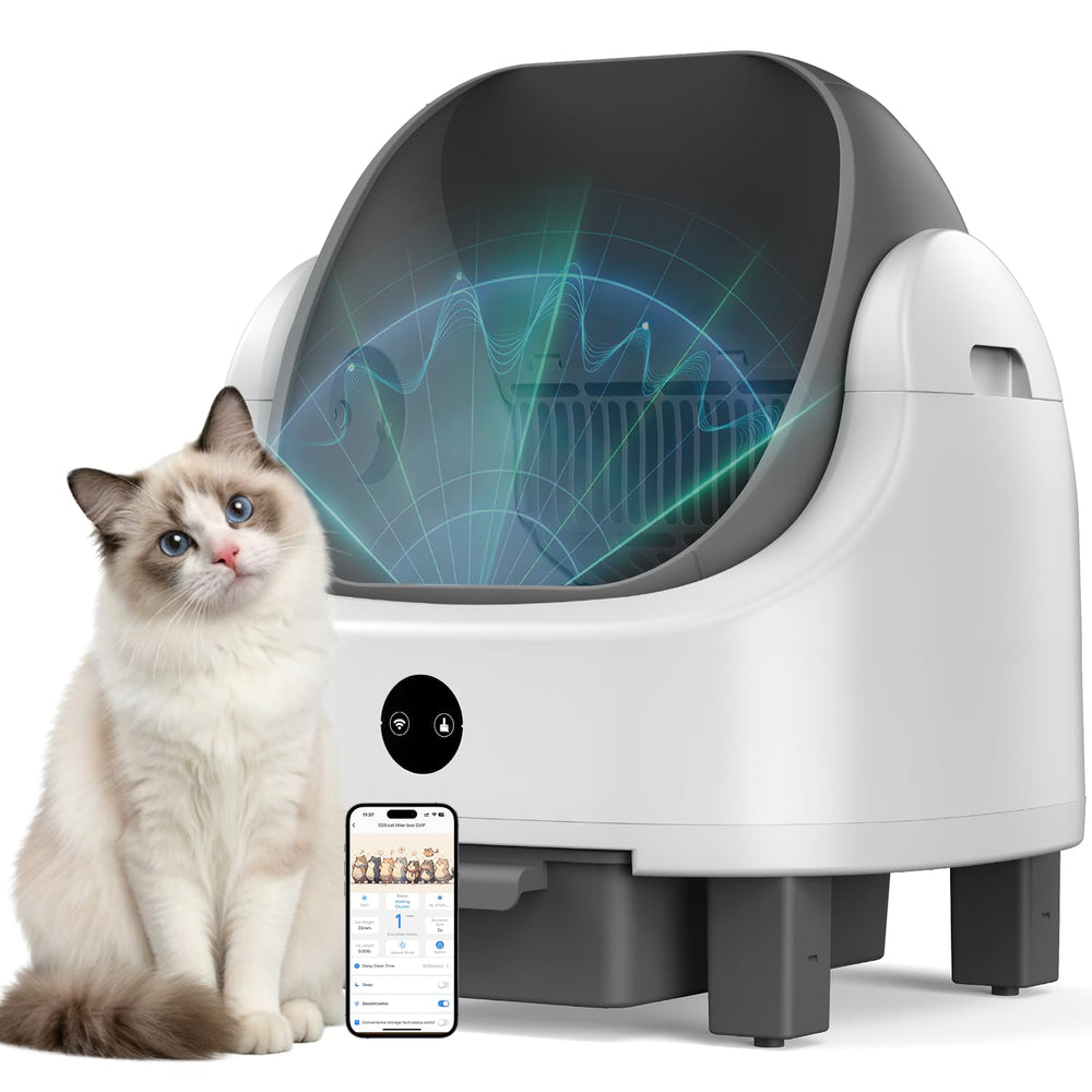 ORELEY automatic cat litter box front view demonstrates spacious interior for multi-cat households.