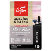 ORIJEN Amazing Grains Fit & Trim bag front showing premium protein formula.