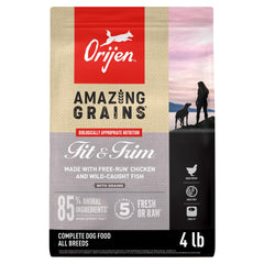 ORIJEN Amazing Grains Fit & Trim bag front showing premium protein formula.