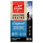 ORIJEN Amazing Grains bag front view highlighting high-protein canine nutrition