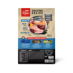 ORIJEN Amazing Grains kibble pours into bowl, promoting a protein-rich meal for dogs.