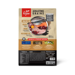 ORIJEN Amazing Grains Puppy bag back shows a nutrition panel for informed feeding choices