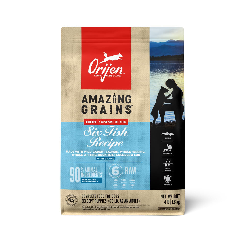 ORIJEN Amazing Grains Six Fish Recipe bag shows high-protein fish nutrition for dogs.
