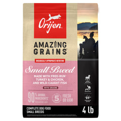ORIJEN Amazing Grains Small Breed dry dog food bag showing premium animal protein options