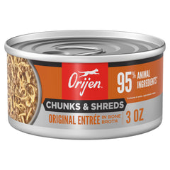 ORIJEN Chunks & Shreds close-up shows shredded poultry texture for added protein variety.