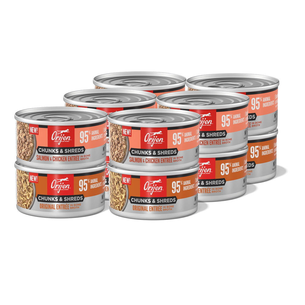 ORIJEN Chunks & Shreds Original Entrée cans showing protein-rich formula for peak feline nutrition