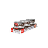 ORIJEN Chunks & Shreds Red Entree cans show beef and tuna chunks for protein-rich meals.