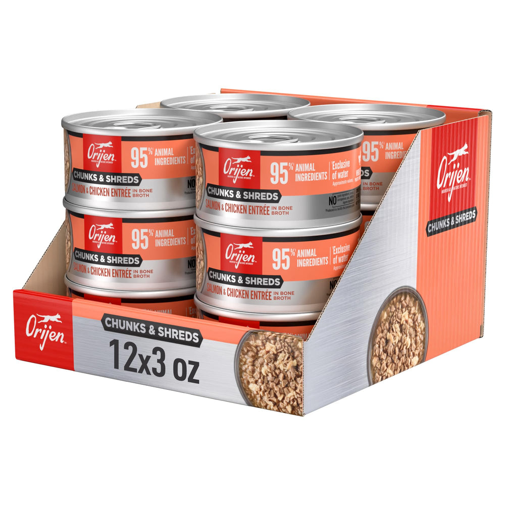 ORIJEN chunks & shreds Salmon-Chicken entrée cans in a 12-pack on display