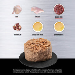ORIJEN Duck + Chicken Entrée WholePrey focus showing organs and bones for balanced nutrition.