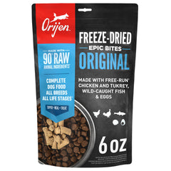 ORIJEN Epic Bites freeze-dried bag highlighting premium ingredients for convenient meals.