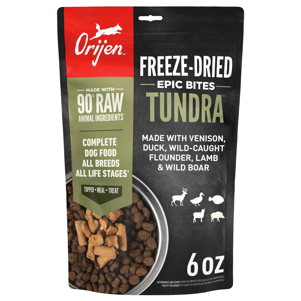 ORIJEN Epic Bites Tundra bag front, premium freeze-dried nourishment for dogs