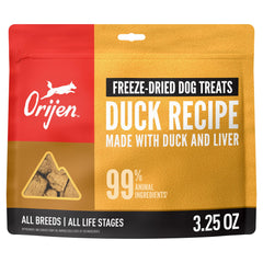 ORIJEN freeze-dried duck recipe dog treat bag highlights convenient high-protein reward.
