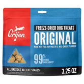 ORIJEN Freeze Dried Original dog treats bag close-up promoting high-protein reward for training.