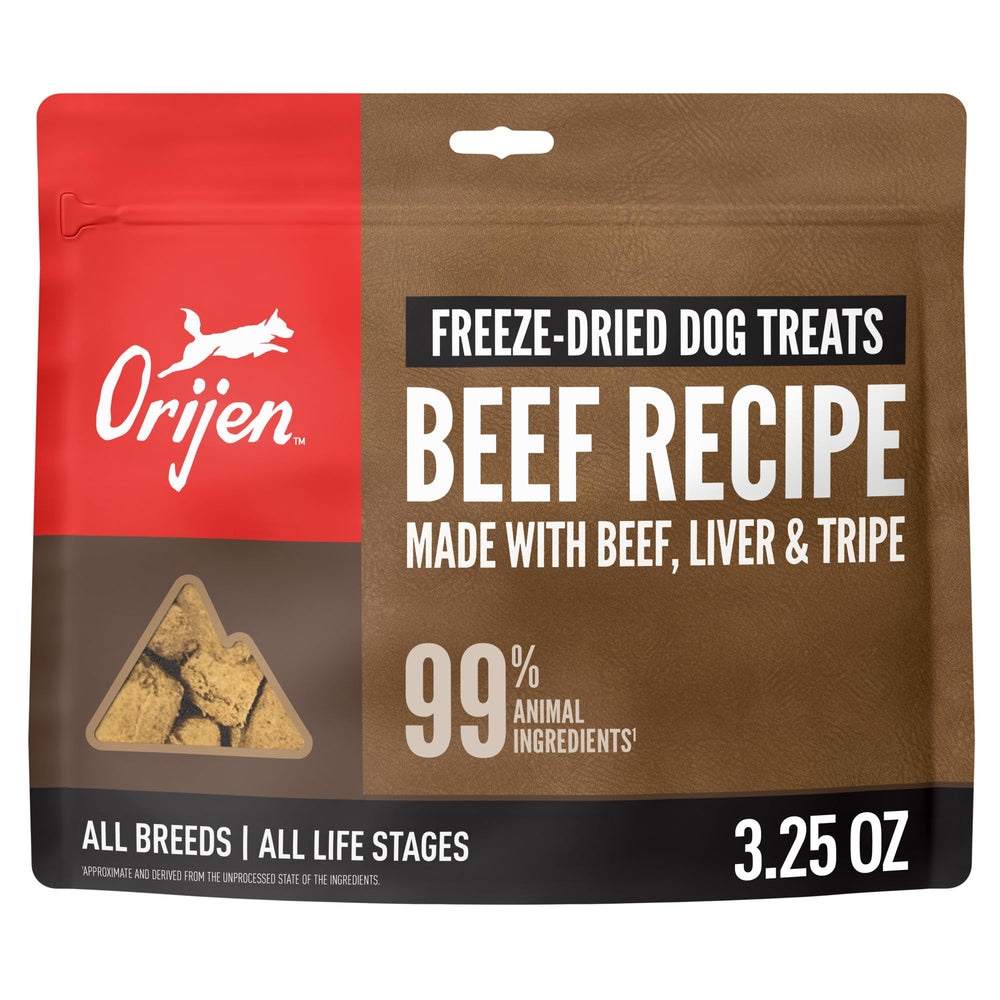 ORIJEN Freeze Dried Beef Recipe bag front view for a packable, high-protein treat.
